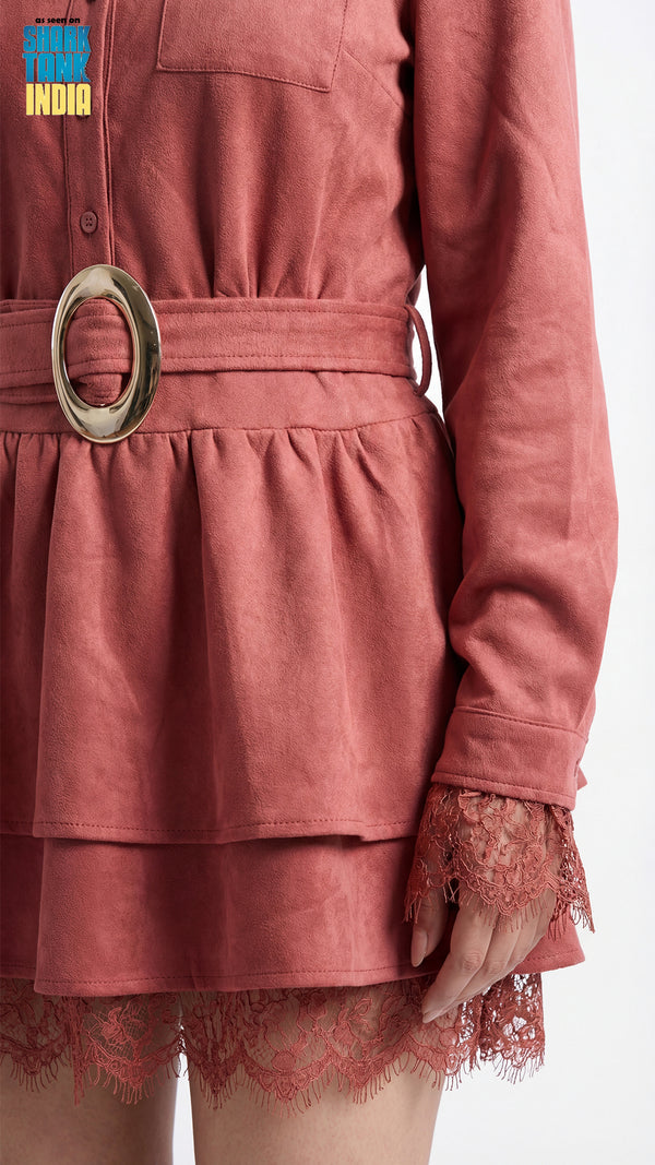 Red dress with lace details and a gold belt on a white background