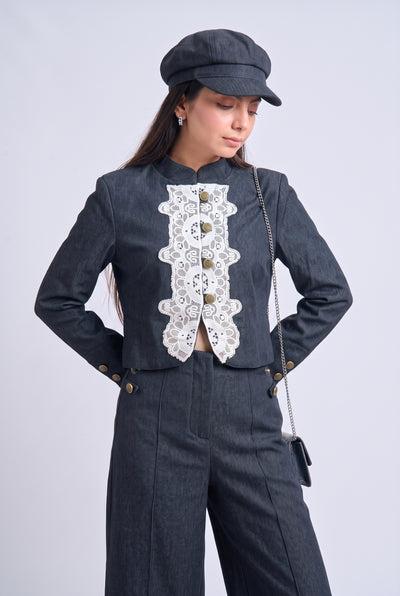 Tbfo Band Baaja – Charcoal Grey Lace Detail Jacket with Wide-Leg Co-Ord Set