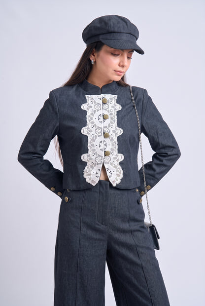 Tbfo Band Baaja – Charcoal Grey Lace Detail Jacket with Wide-Leg Co-Ord Set