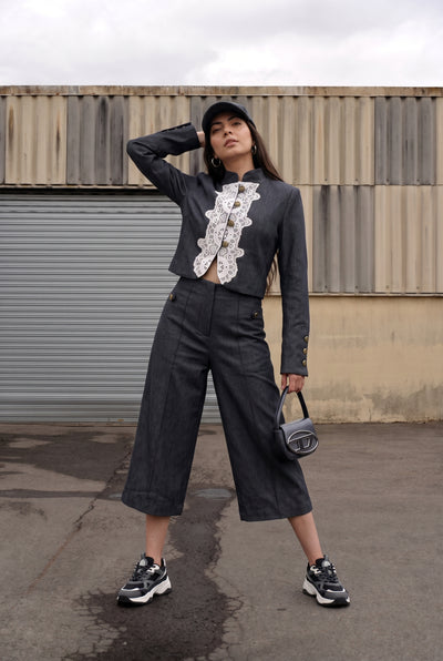 Tbfo Band Baaja – Charcoal Grey Lace Detail Jacket with Wide-Leg Co-Ord Set