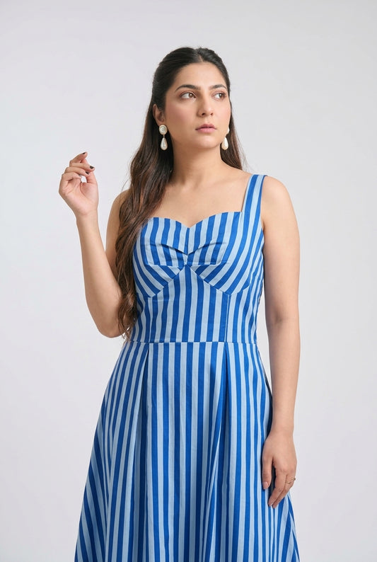 A woman modeling a sleeveless blue and white vertically striped dress with a sweetheart neckline and a bow detail at the bust, set against a plain light gray studio background.