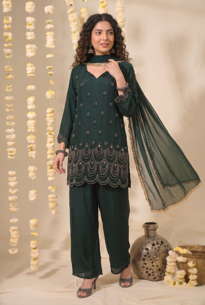 Tbfo Bottle Green Embellished Kurti – Embroidered 3-Piece Kurta Set