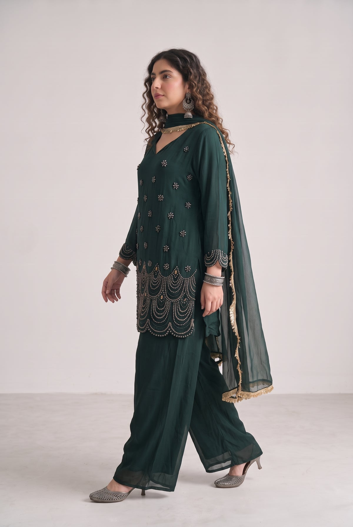 Tbfo Bottle Green Embellished Kurti – Embroidered 3-Piece Kurta Set