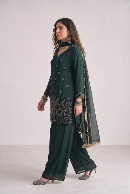 Tbfo Bottle Green Embellished Kurti – Embroidered 3-Piece Kurta Set