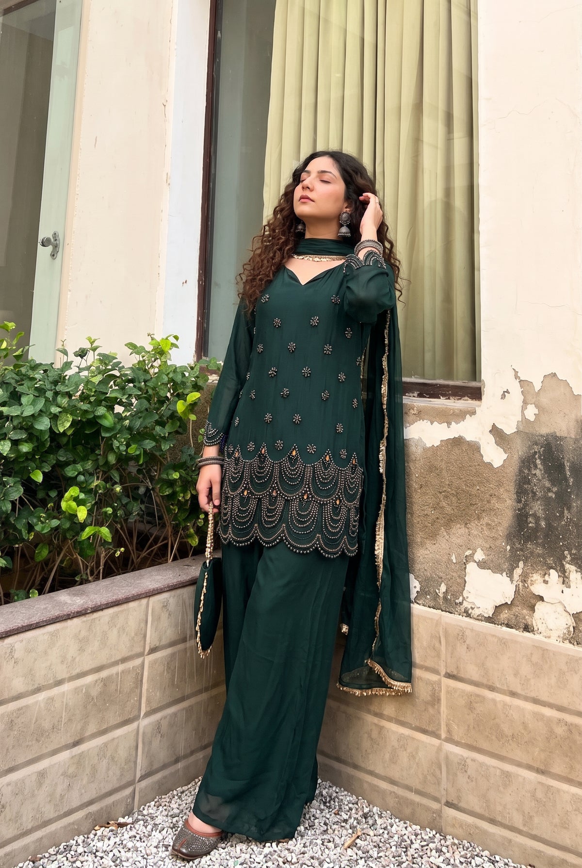 Tbfo Bottle Green Embellished Kurti – Embroidered 3-Piece Kurta Set