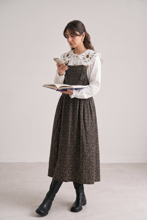 Tbfo Campus Crush – Floral Print Pinafore Midi Dress with Embroidered Collar Shirt