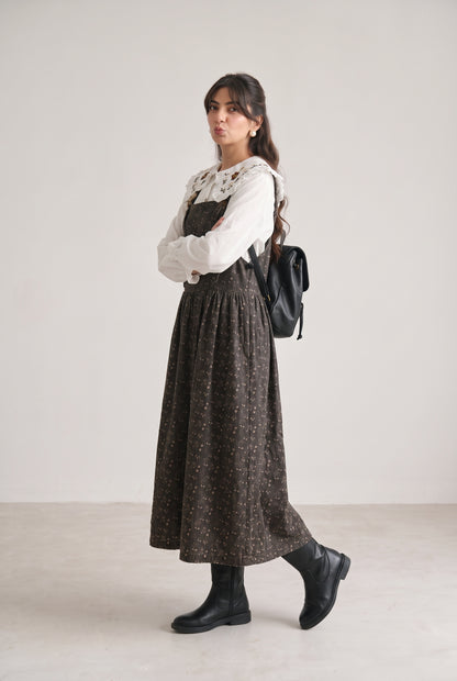 Tbfo Campus Crush – Floral Print Pinafore Midi Dress with Embroidered Collar Shirt