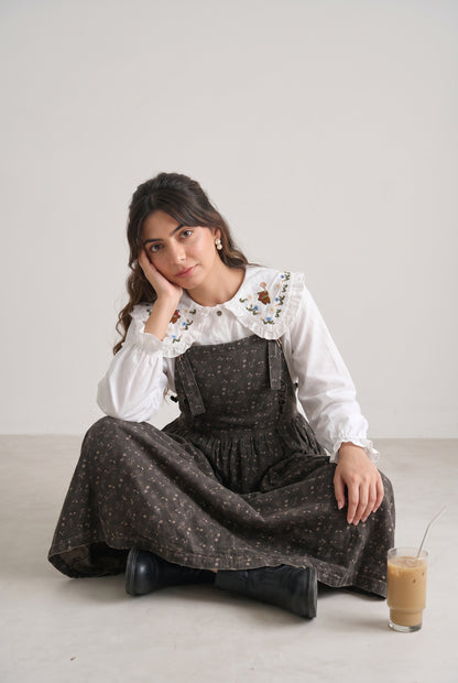 Tbfo Campus Crush – Floral Print Pinafore Midi Dress with Embroidered Collar Shirt