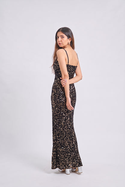 Tbfo Disco Diwane – Black & Gold Sequin Maxi Dress