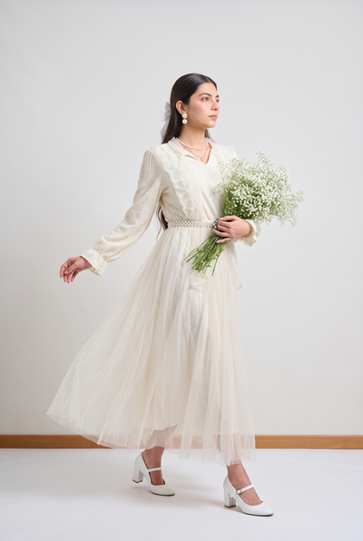 Tbfo Fairy Tale – Elegant Off White Ruffle Detail Maxi Dress