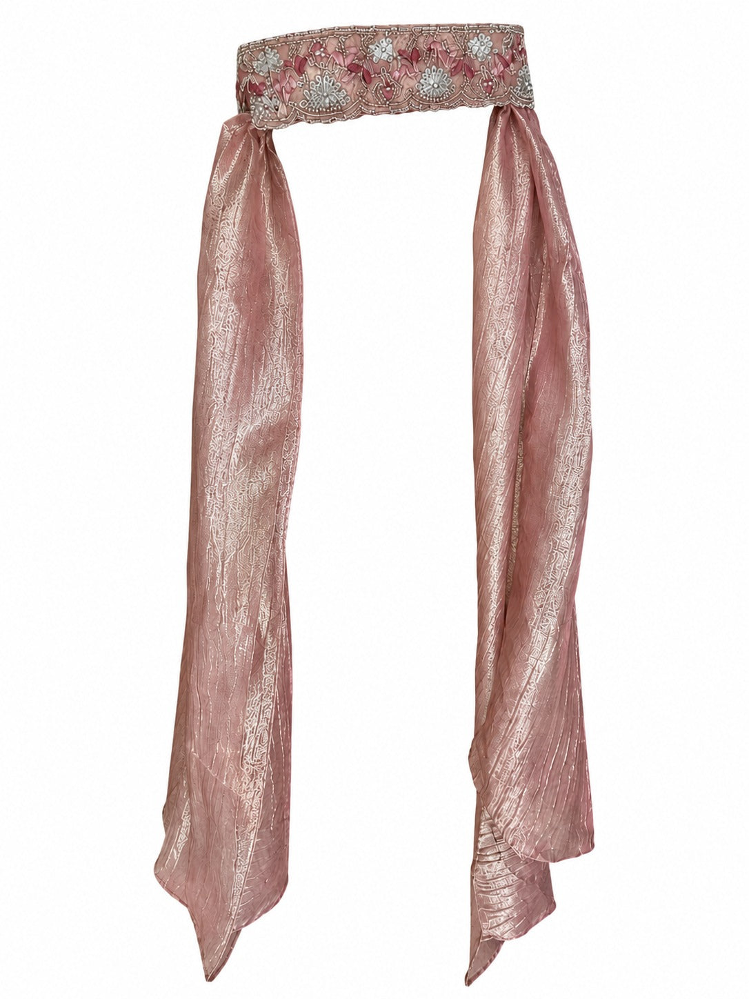 A metallic rose gold fabric waist scarf with a decorative embroidered band at the top, displayed against a solid white background.