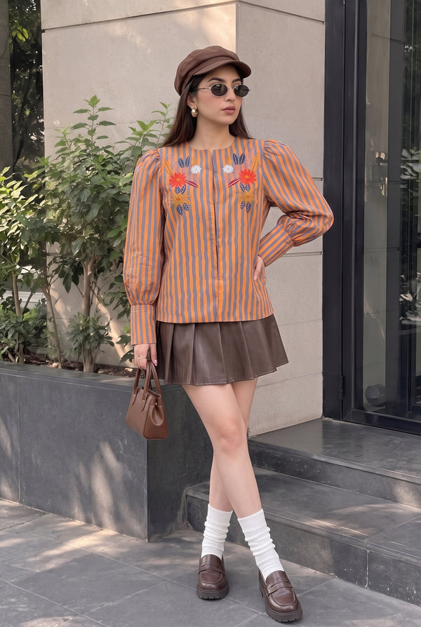 Tbfo Jalebi Stripe – Orange Embroidered Striped Shirt Top
