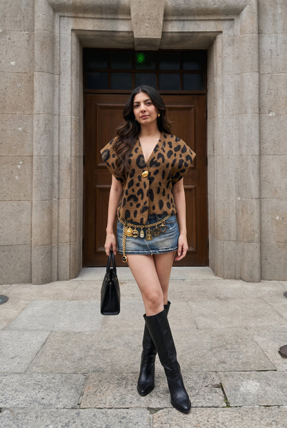 Tbfo Jungle Mein Dangal Top – Brown Leopard Print V-Neck Button-Down Statement Top