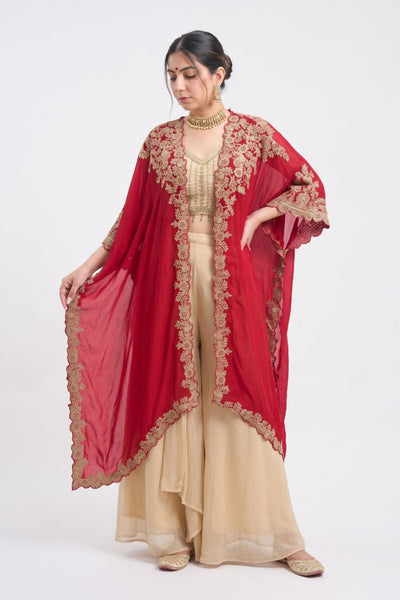 Tbfo Karva Red Embroidered Cape & Beige Skirt Set