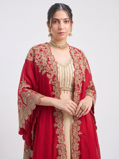 Tbfo Karva Red Embroidered Cape & Beige Skirt Set
