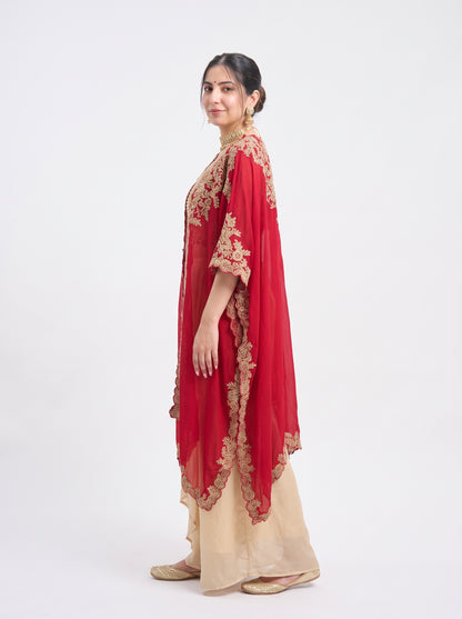 Tbfo Karva Red Embroidered Cape & Beige Skirt Set