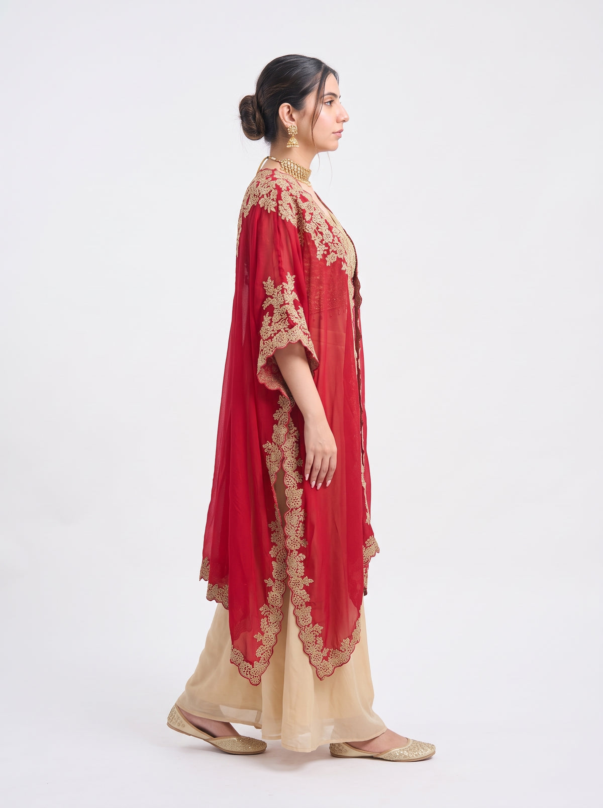 Tbfo Karva Red Embroidered Cape & Beige Skirt Set