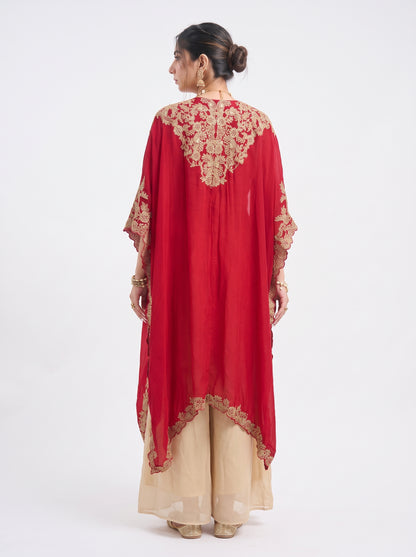 Tbfo Karva Red Embroidered Cape & Beige Skirt Set