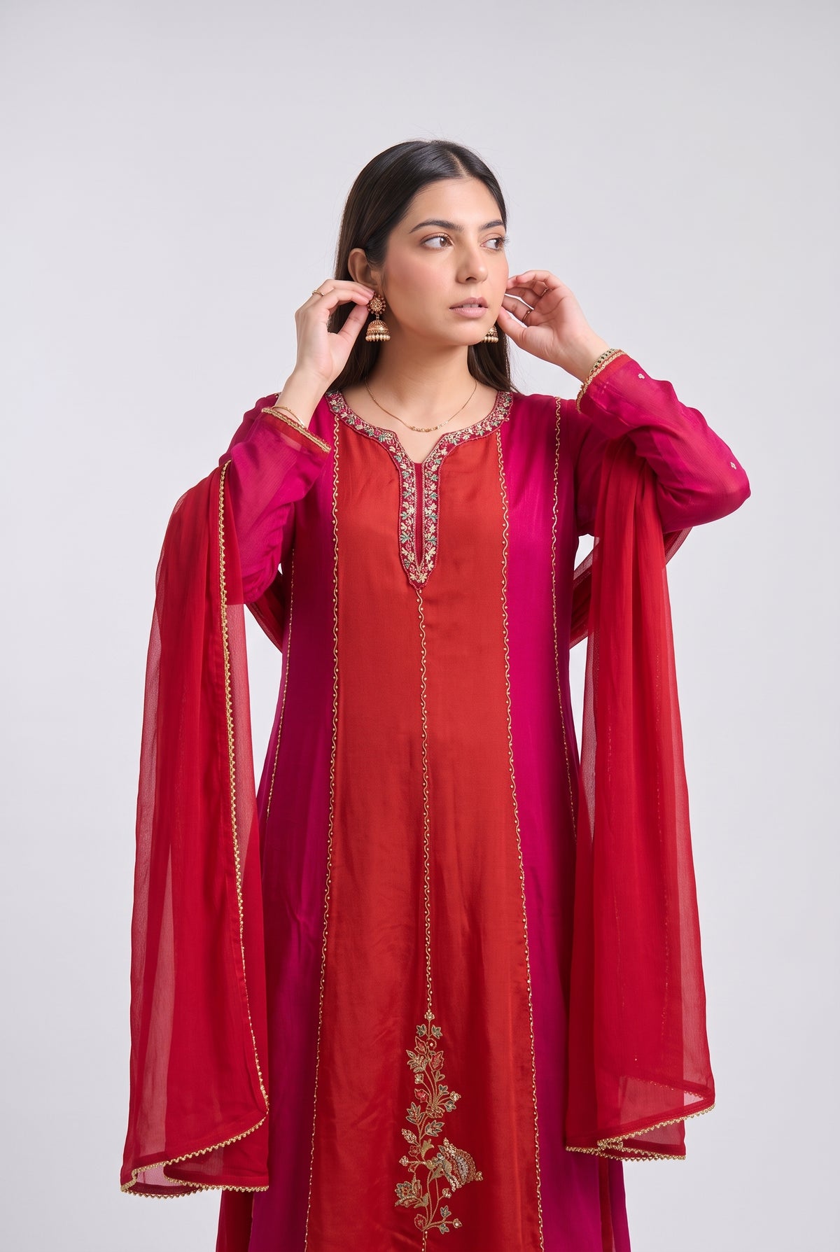 Tbfo Laal Dupatta Embroidered Kurta Pant & Dupatta Set