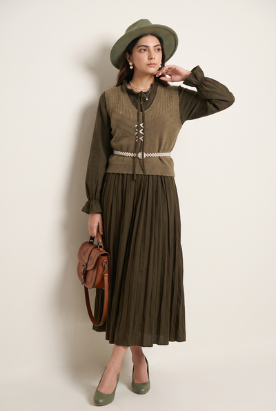 Tbfo Library Date – Olive Green Pleated Maxi Dress with Knit Vest