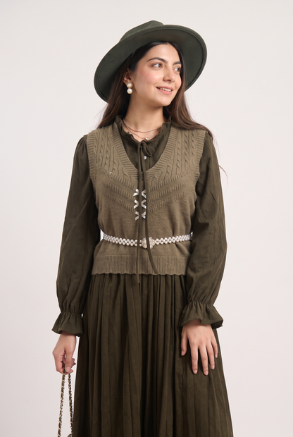 Tbfo Library Date – Olive Green Pleated Maxi Dress with Knit Vest