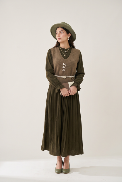 Tbfo Library Date – Olive Green Pleated Maxi Dress with Knit Vest