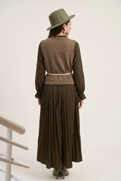 Tbfo Library Date – Olive Green Pleated Maxi Dress with Knit Vest