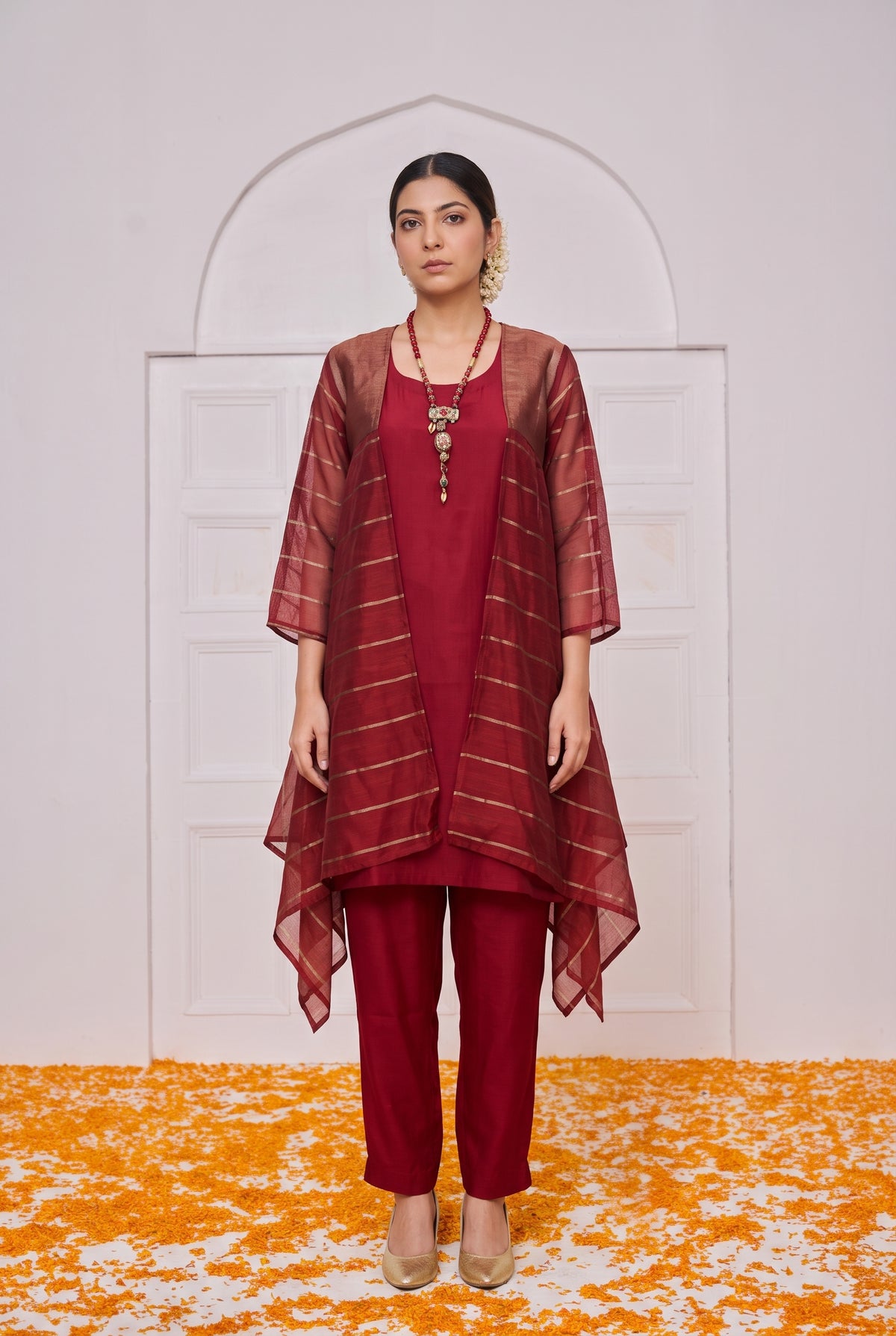 Tbfo Matak – Maroon Kurta Pant Set with Striped Shrug