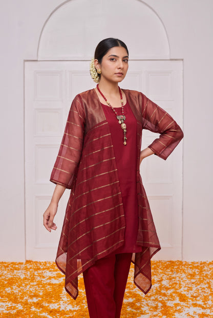 Tbfo Matak – Maroon Kurta Pant Set with Striped Shrug