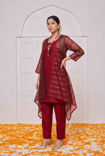 Tbfo Matak – Maroon Kurta Pant Set with Striped Shrug