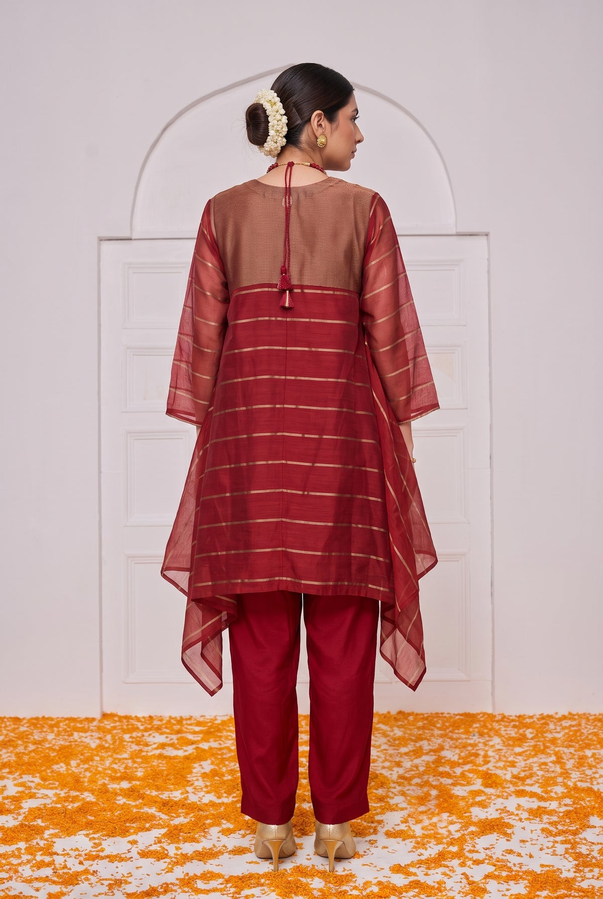 Tbfo Matak – Maroon Kurta Pant Set with Striped Shrug
