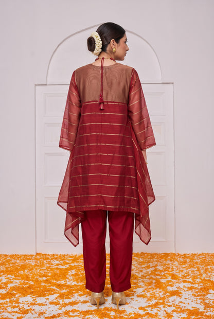 Tbfo Matak – Maroon Kurta Pant Set with Striped Shrug
