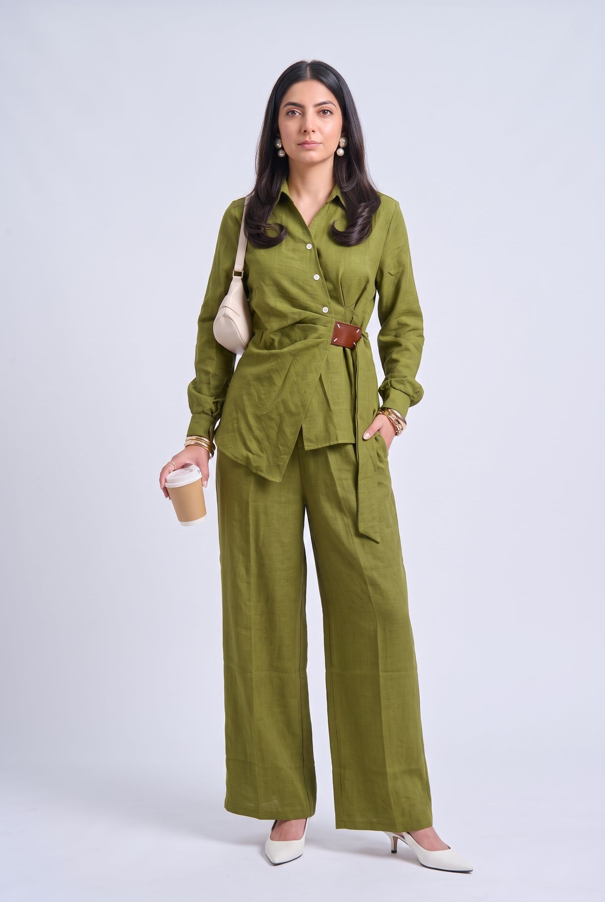 Tbfo Matcha Mood – Olive Green Wrap Shirt & Wide-Leg Trouser Set