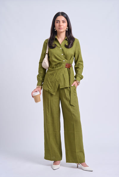 Tbfo Matcha Mood – Olive Green Wrap Shirt & Wide-Leg Trouser Set