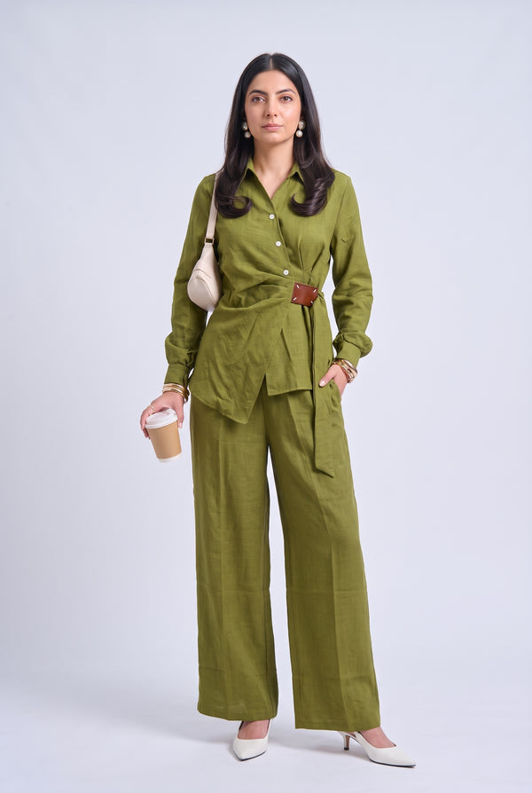 Tbfo Matcha Mood – Olive Green Wrap Shirt & Wide-Leg Trouser Set