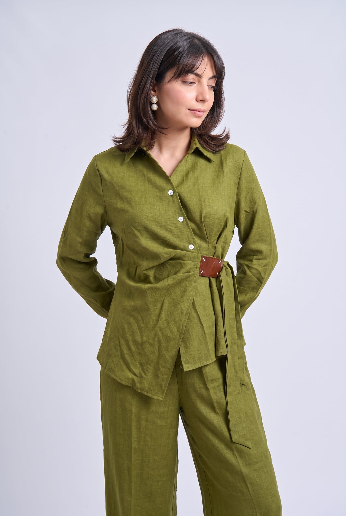 Tbfo Matcha Mood – Olive Green Wrap Shirt & Wide-Leg Trouser Set
