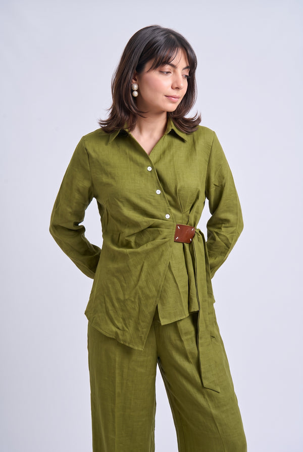 Tbfo Matcha Mood – Olive Green Wrap Shirt & Wide-Leg Trouser Set