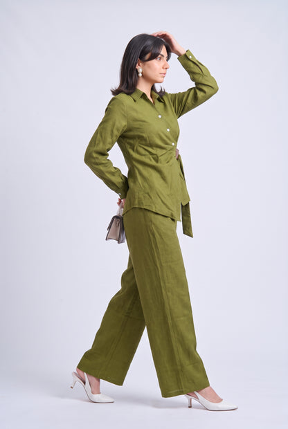 Tbfo Matcha Mood – Olive Green Wrap Shirt & Wide-Leg Trouser Set