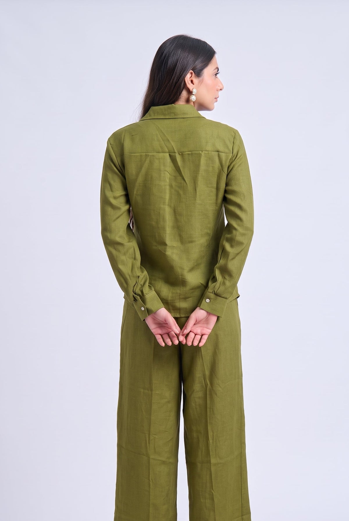 Tbfo Matcha Mood – Olive Green Wrap Shirt & Wide-Leg Trouser Set