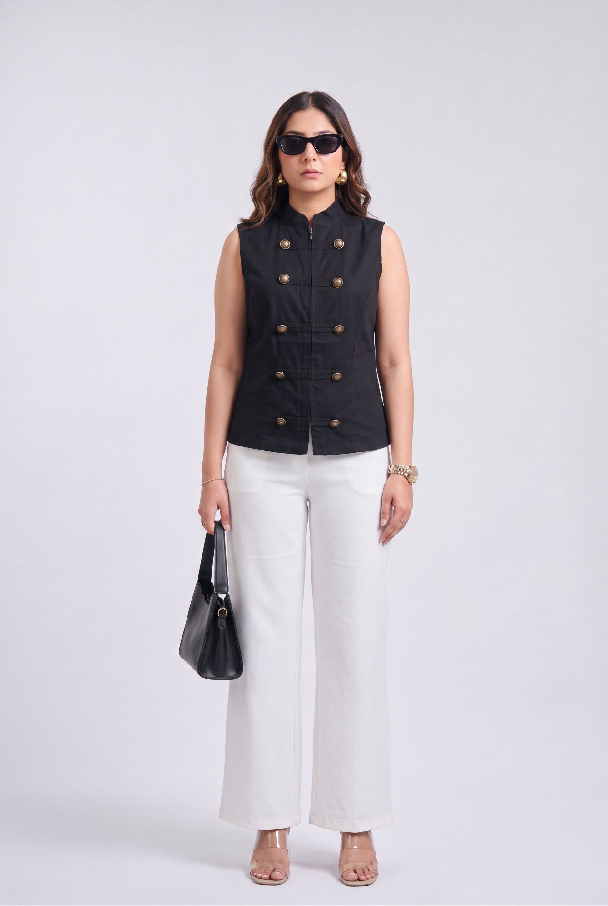 Tbfo Nepolian Top in black with military-inspired metallic button detailing and high stand collar