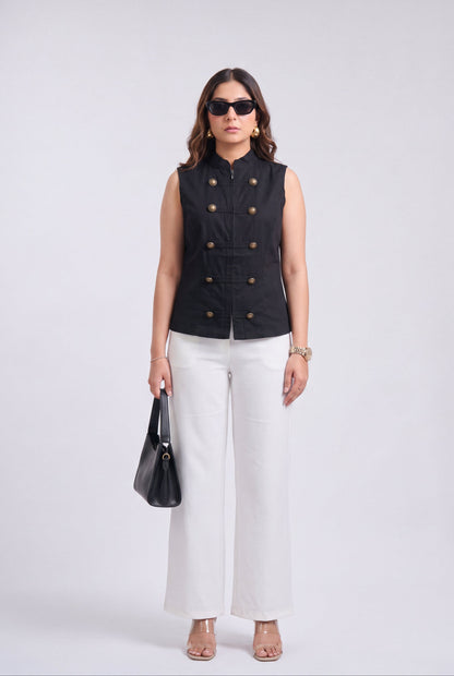 Tbfo Nepolian Top in black with military-inspired metallic button detailing and high stand collar