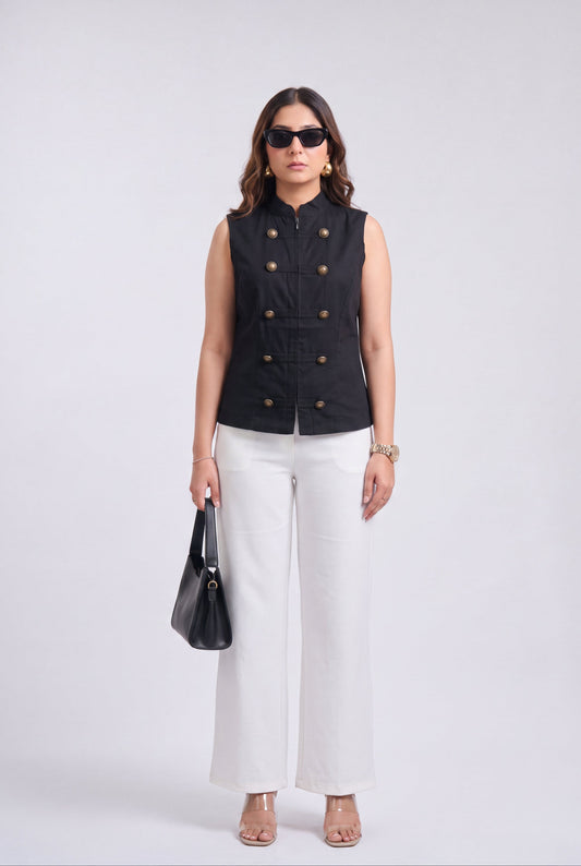 Tbfo Nepolian Top in black with military-inspired metallic button detailing and high stand collar
