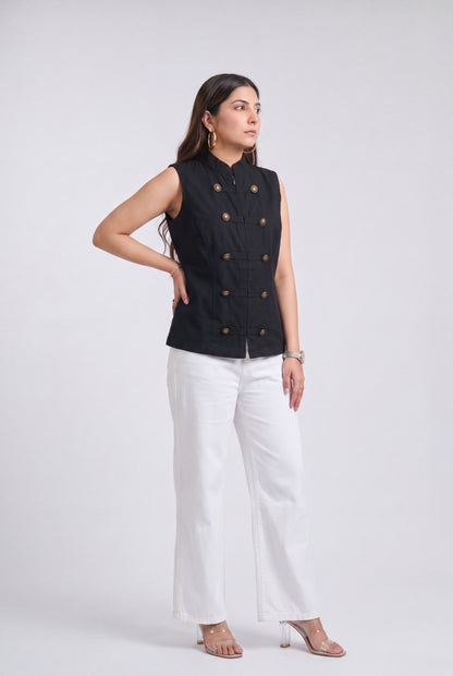 Tbfo Nepolian Top in black with military-inspired metallic button detailing and high stand collar
