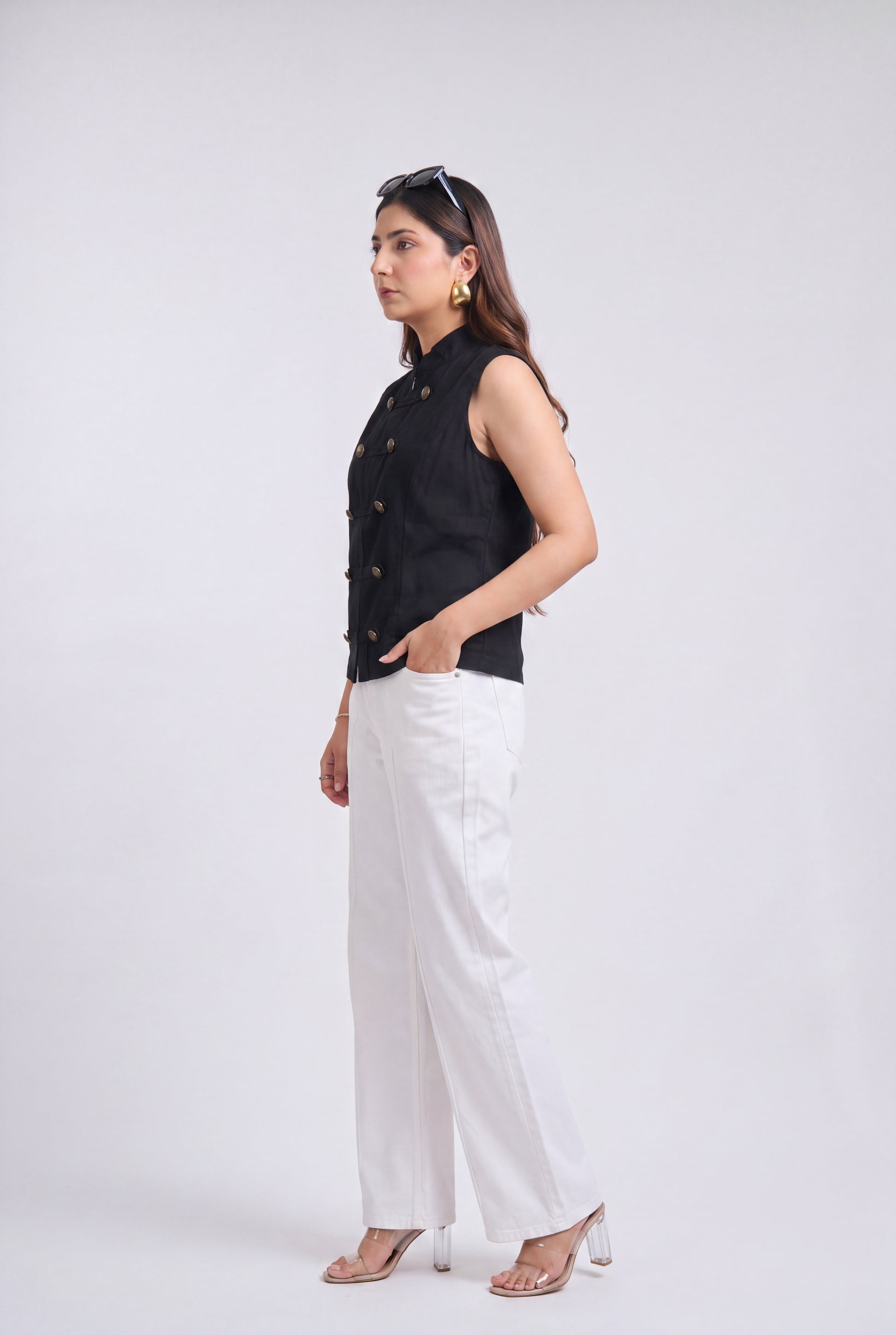 Tbfo Nepolian Top in black with military-inspired metallic button detailing and high stand collar