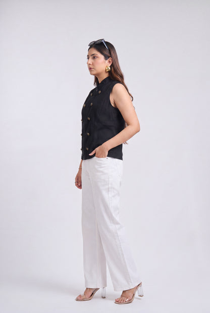 Tbfo Nepolian Top in black with military-inspired metallic button detailing and high stand collar