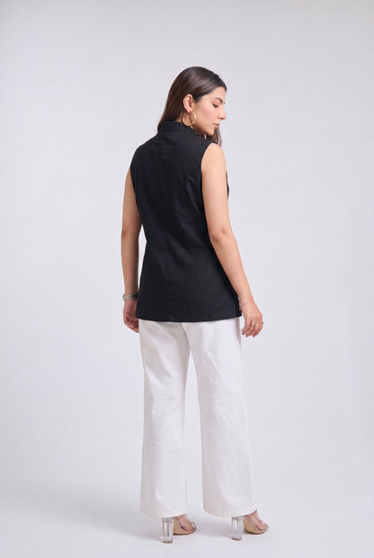 Tbfo Nepolian Top in black with military-inspired metallic button detailing and high stand collar