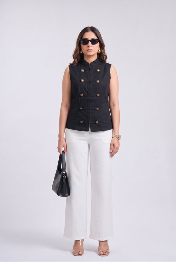 Tbfo Nepolian Top in black with military-inspired metallic button detailing and high stand collar