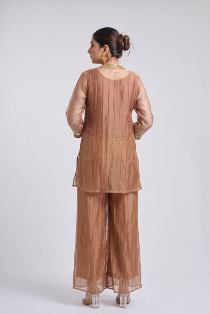 A woman is shown from the back wearing a matching two-piece traditional outfit in a warm taupe-brown color. The set features a long-sleeved tunic with a pleated back and wide-leg trousers, both made of a sheer, lightweight fabric.