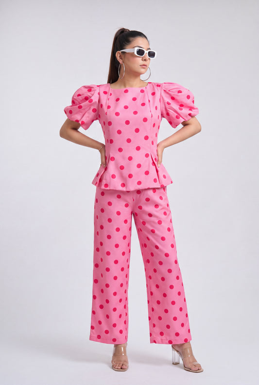 Tbfo Pink Sandwich Coord Set featuring a pink polka dot puff-sleeve top with matching wide-leg pants.