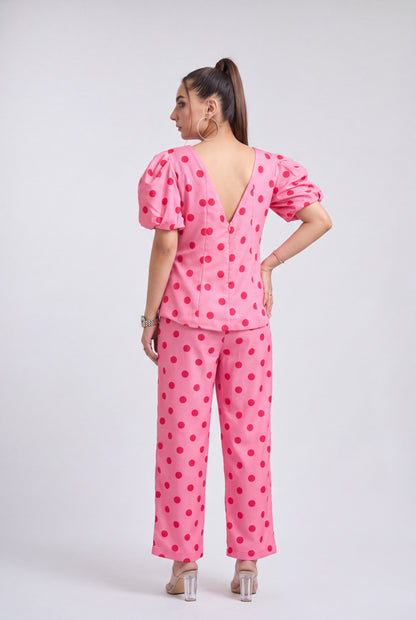 Tbfo Pink Sandwich Coord Set featuring a pink polka dot puff-sleeve top with matching wide-leg pants.